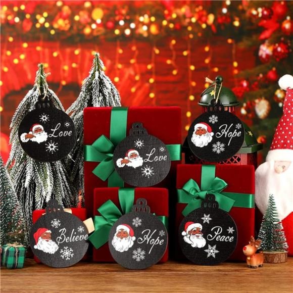 African American Christmas Tree Ornament Wooden Black Santa (Black,12 Pcs) - Picture 6 of 7